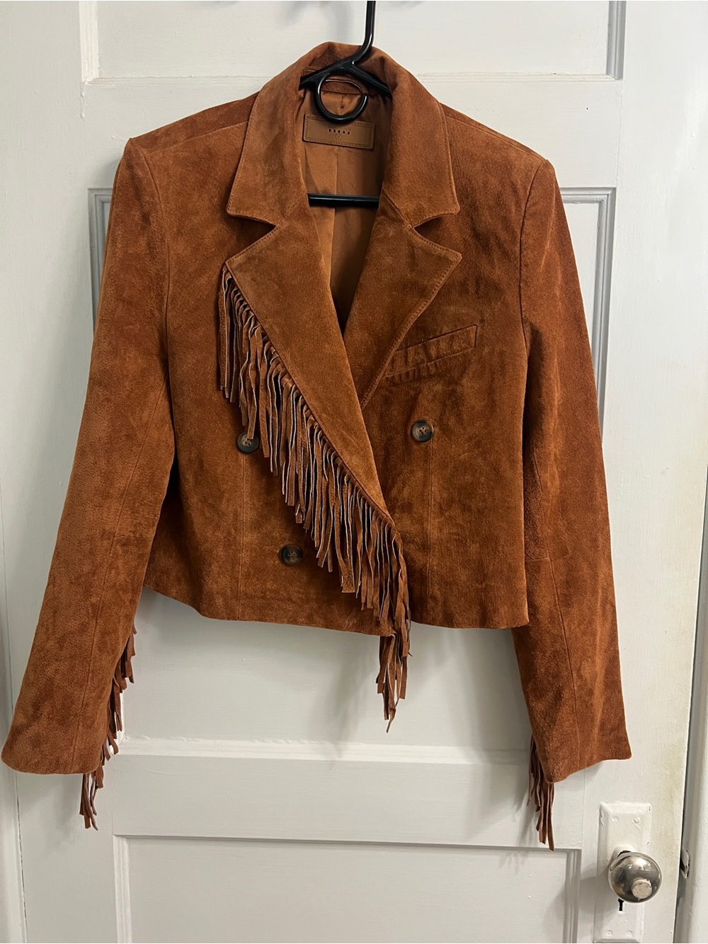 Blank NYC Cropped Suede Fringe Jacket in Rust
